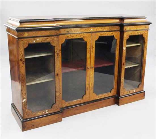 A Victorian walnut and marquetry inlaid side cabinet, W.5ft